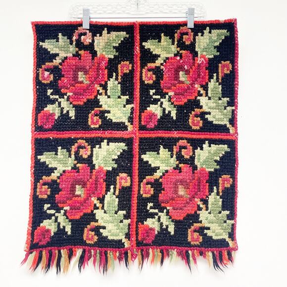 Vintage Roses Cross Stitch Fringe Tapestry Wall Decor - Picture 1 of 10